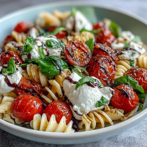 Bright Summer Caprese Pasta with Burrata, bursting with tomato and basil flavors.