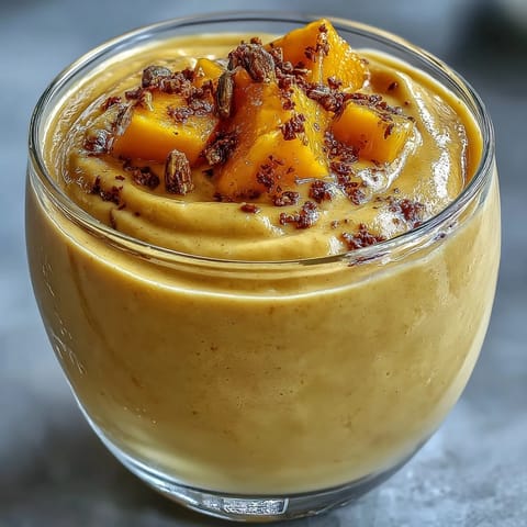 Creamy mango lassi smoothie with cardamom, a vibrant, refreshing Indian breakfast drink.