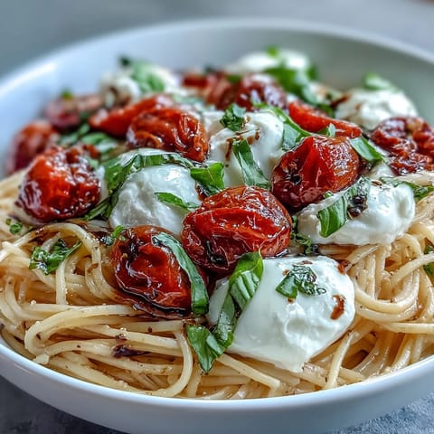 Summer Caprese Pasta with Burrata and Basil, a creamy, fresh dish perfect for a light dinner.