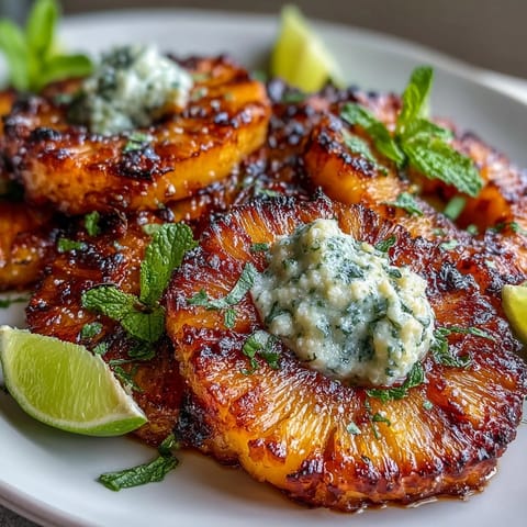 Juicy grilled pineapple rings glistening with melted, zesty yuzu kosho butter, ready to serve.
