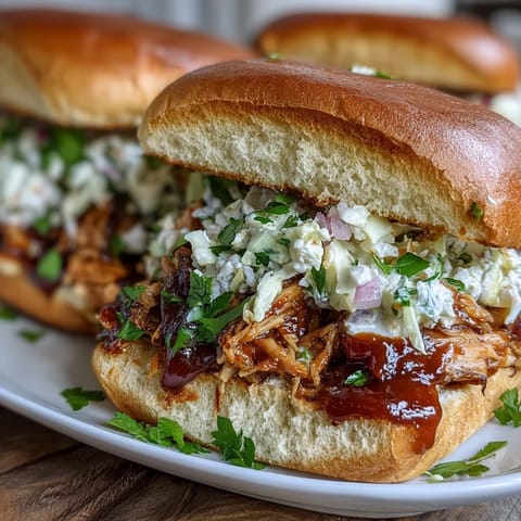 Tangy BBQ pulled jackfruit sandwiches piled high with creamy coleslaw.