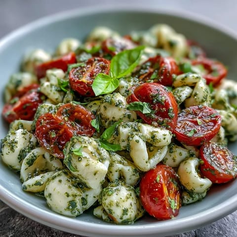 Fresh Caprese Pasta Salad infused with basil pesto, perfect for a summer lunch.