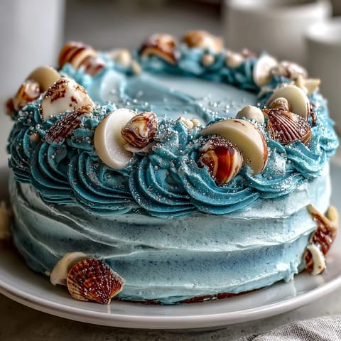Cancer Zodiac Cake: moist vanilla with ocean blue shells and frosting.