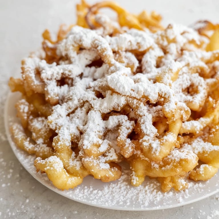 Freshly fried funnel cakes with a beautiful, lacy pattern, perfect for a fairground dessert.