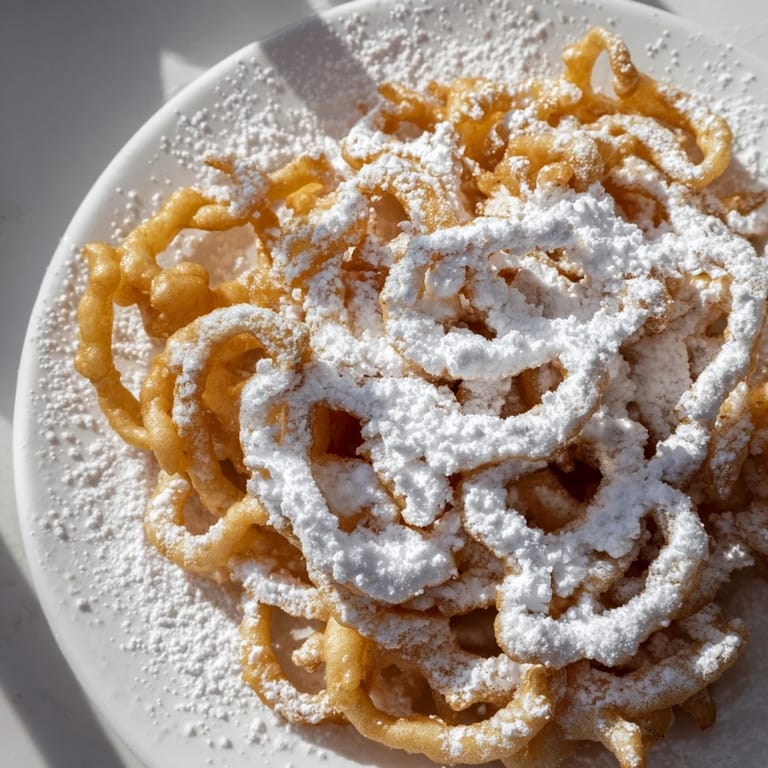 Warm funnel cakes served, with crispy edges and a sweet, sugary aroma, a delightful treat.