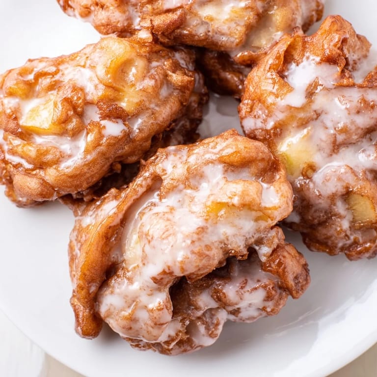 Warm apple fritters with a fluffy interior are drizzled with sweet, vanilla-infused glaze ready to enjoy.