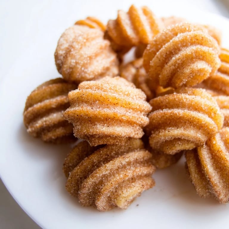 Close-up photo of a plate brimming with delicious, bite-sized churro bites dusted in cinnamon.