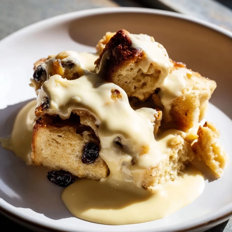 Close-up of baked bread pudding with a perfect golden crust, ideal comfort food indulgence.