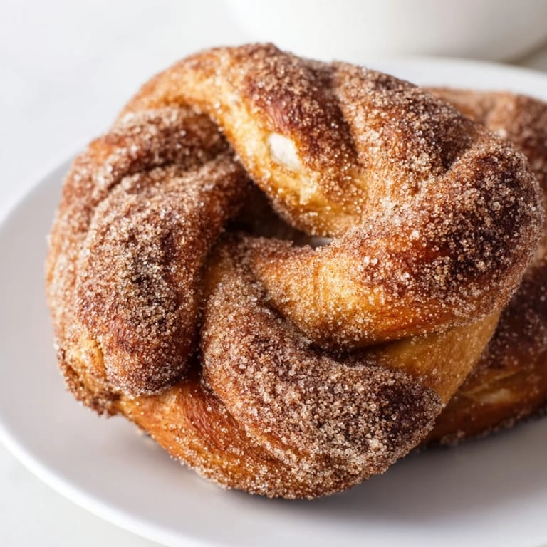 Homemade cinnamon sugar pretzels: a close-up shows the soft dough dusted generously with cinnamon crystals.