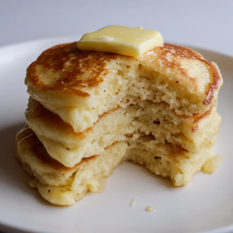 Stack of light and airy cottage cheese pancakes, perfectly browned and served on a white plate.