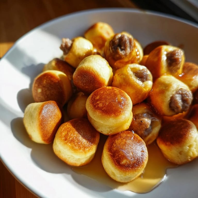 Warm, bite-sized pancake balls, slightly crisp on the outside, a delightful American breakfast treat.