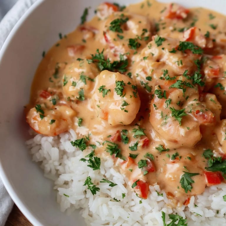 Spicy Cajun shrimp with creamy sauce, served over fragrant jasmine rice, garnished with fresh parsley and lemon.
