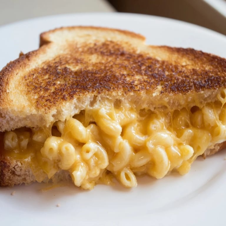 This vegetarian comfort food sandwich features elbow macaroni in a rich cheese sauce, served hot on a plate for a satisfying main dish.