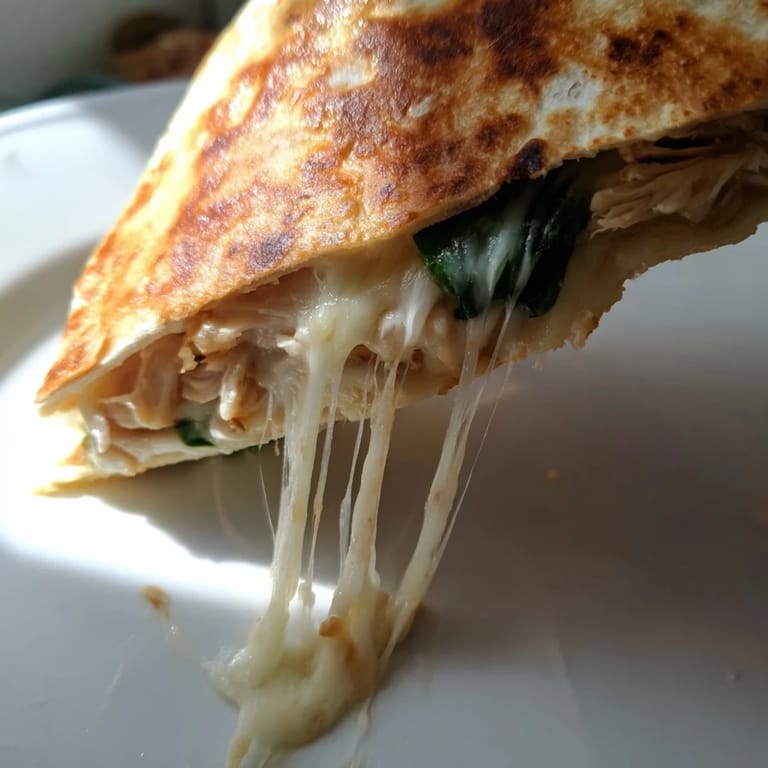 Close-up on a warm Chicken and Spinach Quesadilla with savory chicken, wilted spinach, and gooey cheese oozing from the edges.