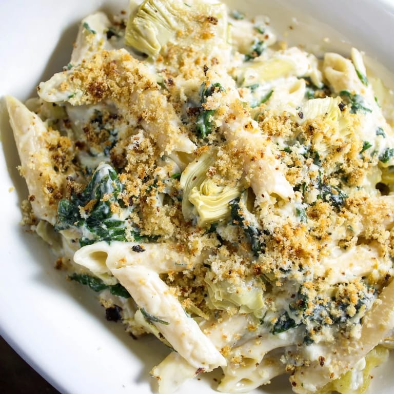 A hearty serving of Artichoke Pasta Bake in a ceramic dish, revealing tender pasta, wilted greens, and a golden breadcrumb topping.