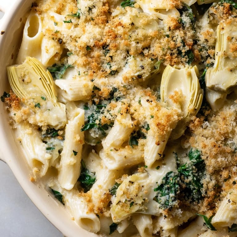Close-up of a spoon scooping Artichoke Pasta Bake, highlighting the rich, velvety cream sauce, melted cheese, and savory artichoke pieces.