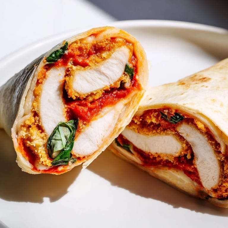 Golden-brown crispy chicken cutlets layered with marinara and melted mozzarella, wrapped in a soft tortilla for a handheld Italian-American dinner.