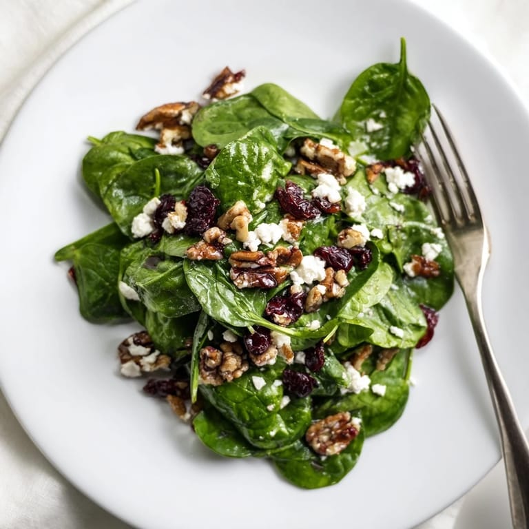 Easy 20-minute spinach goat cheese salad with tender greens, sweet dried cranberries, and crunchy pecans, drizzled with homemade honey-Dijon balsamic vinaigrette.