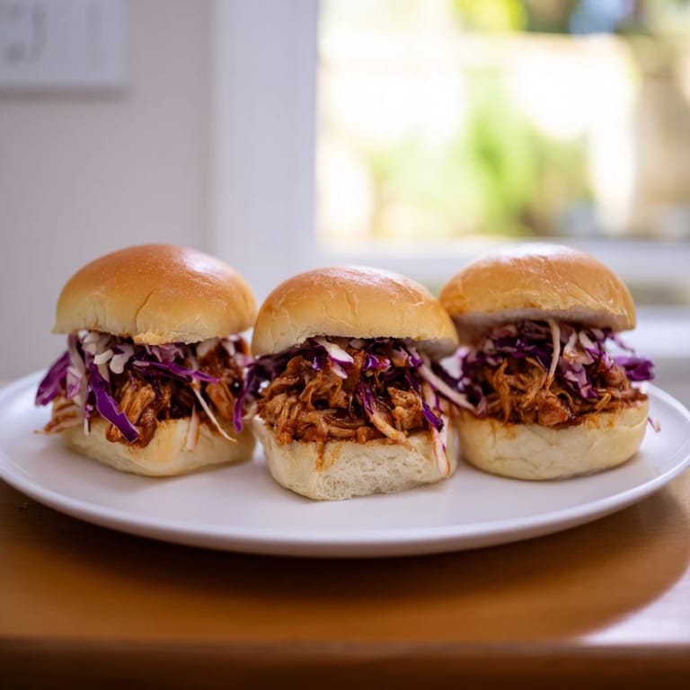 Savory BBQ chicken sliders piled with creamy coleslaw, ready to serve on a platter for game day.