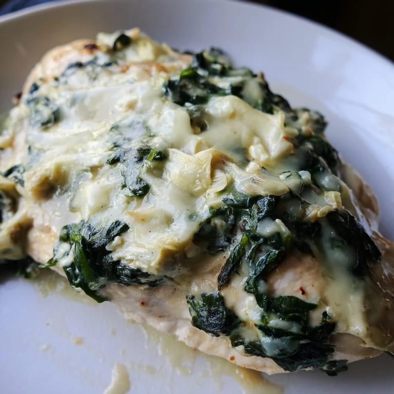 Spinach & Artichoke Chicken Bake in a casserole dish, golden and bubbly, ideal for family-style meals.