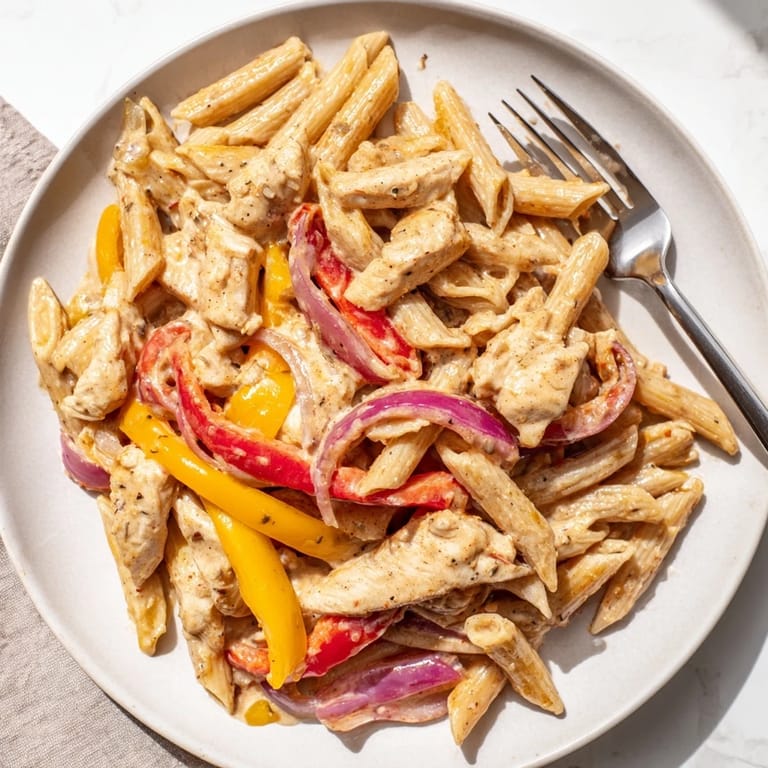 Enjoy a low-calorie Cajun chicken pasta with colorful veggies, perfect for a quick weeknight dinner.