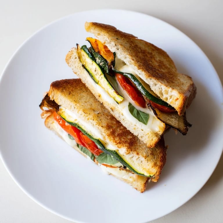 Serving a warm Roasted Veggie Caprese Grilled Cheese with roasted vegetables and fresh basil, paired with a drizzle of balsamic glaze.