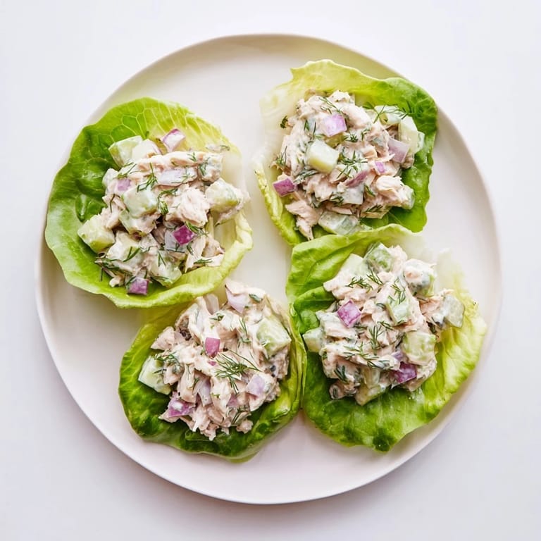 Close-up of Dill Pickle Chicken Salad Lettuce Cups featuring a savory mix of chicken, red onion, and dill pickles in a light mayonnaise dressing.