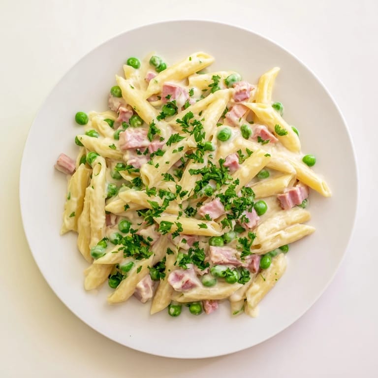 Hearty Spring Pea & Ham Pasta in a skillet, featuring tender penne, bright green peas, and savory ham in a creamy sauce.  