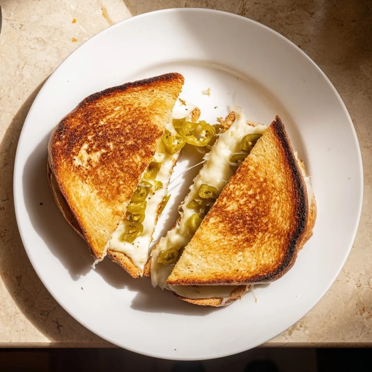 A close-up of a crispy, buttery jalapeño pepper jack grilled cheese cut diagonally, revealing gooey melted cheese inside.  