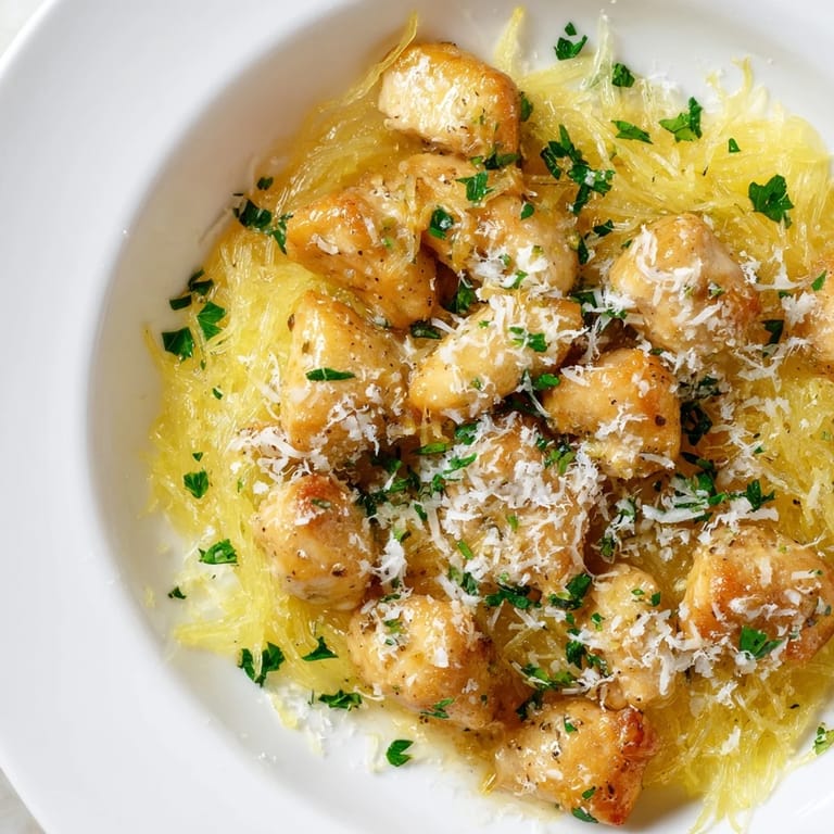 Roasted spaghetti squash strands topped with juicy lemon-garlic chicken, a sprinkle of grated Parmesan, and a bright lemon wedge on the side for a gluten-free main dish.  