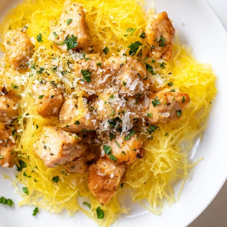 Golden lemon garlic chicken pieces scattered over roasted spaghetti squash strands, finished with fresh parsley and a dusting of Parmesan, served on a rustic wooden table.