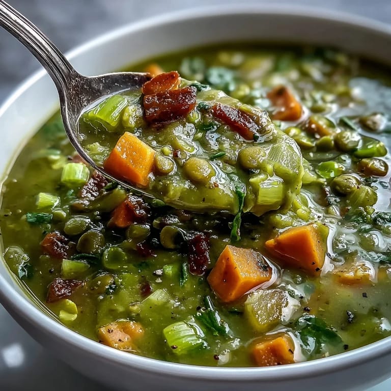 Homemade Split Pea Soup simmering to a thick consistency, showing vibrant green peas and diced potatoes in a rustic pot.