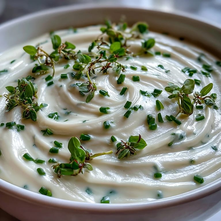 Warm celery root bisque garnished with microgreens and a drizzle of truffle oil, ready to enjoy.