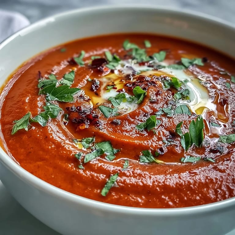 Roasted Red Pepper Soup simmering in a pot with caramelized garlic and warm spices for a comforting Mediterranean meal.  