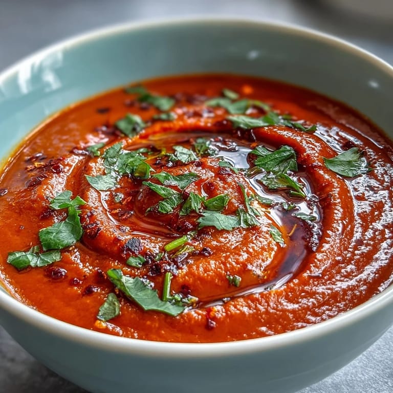 Vibrant Roasted Red Pepper Soup pureed silky smooth, paired with a chunk of bread for dipping into the rich broth.