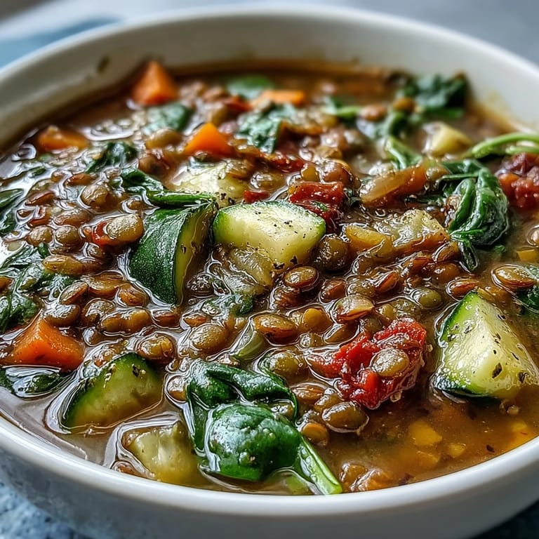 Ready in 50 minutes, a nourishing Lentil and Vegetable Soup is served hot in a rustic bowl, accompanied by crusty bread for a comforting vegan meal.