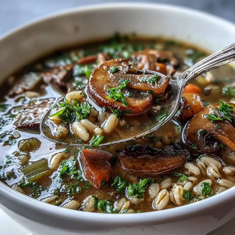 Hearty vegetarian Mushroom and Barley Soup ladled into a rustic ceramic bowl, garnished with fresh parsley and a bright lemon wedge for flavor.