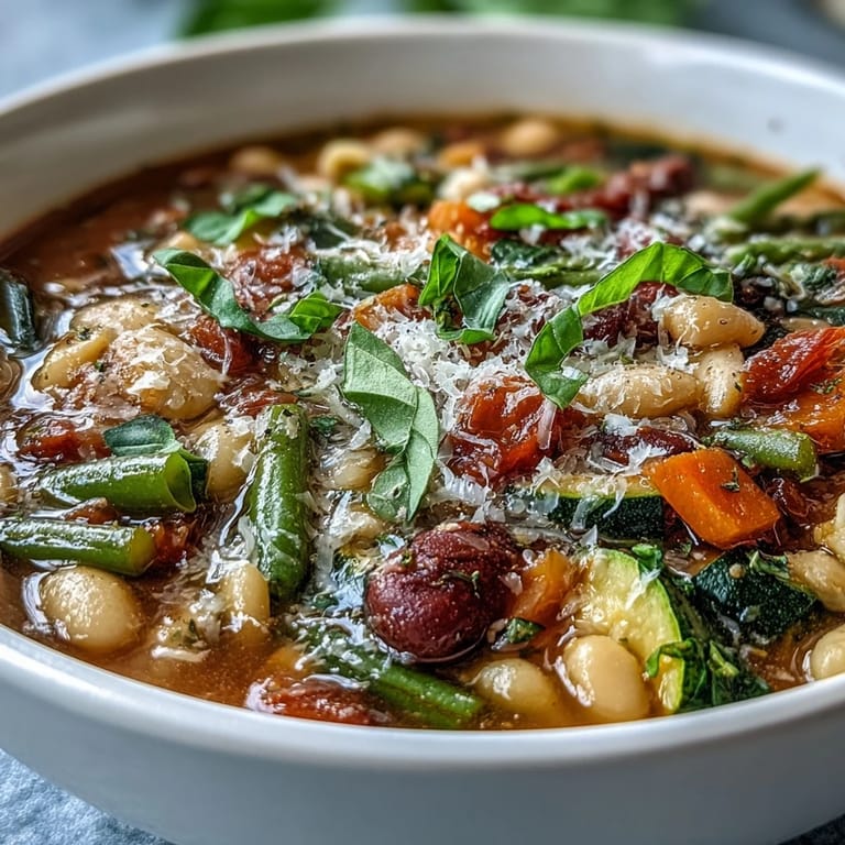Hearty Minestrone Vegetable Soup with cannellini beans, ditalini pasta, and colorful seasonal vegetables.  