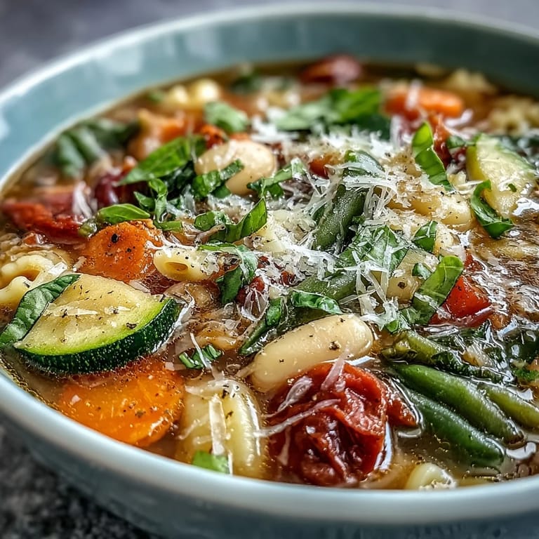 Homemade Italian Minestrone Vegetable Soup served hot with crusty bread on a rustic wooden table.