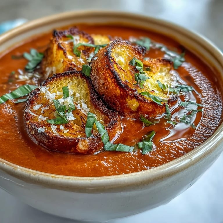 Comforting bowl of roasted tomato soup, beautifully topped with crunchy homemade croutons.