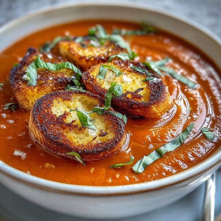 Vibrant roasted tomato soup ready for dipping, garnished with irresistible crisp croutons.