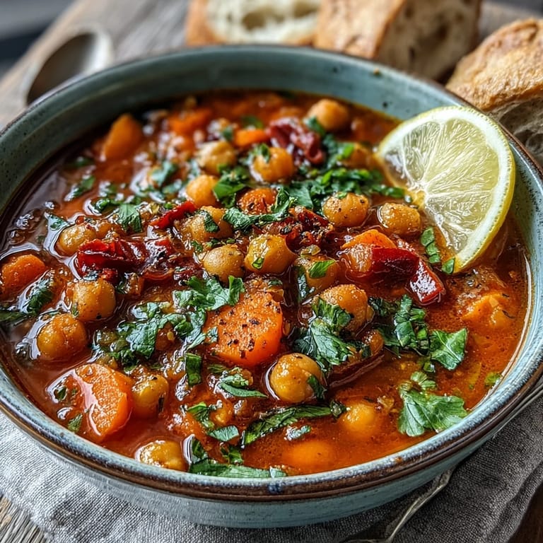 Hearty Spicy Chickpea Stew simmering in a Dutch oven, filled with tender chickpeas, carrots, and red bell peppers in a rich tomato broth.