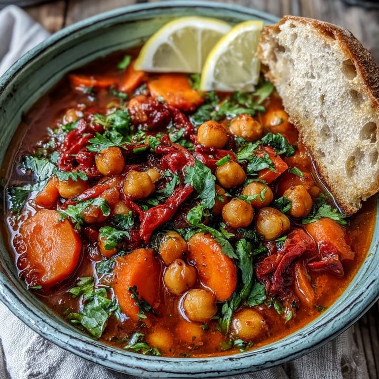 Vibrant plant-based Spicy Chickpea Stew in a rustic bowl, topped with fresh parsley and paired with a glass of crisp white wine.