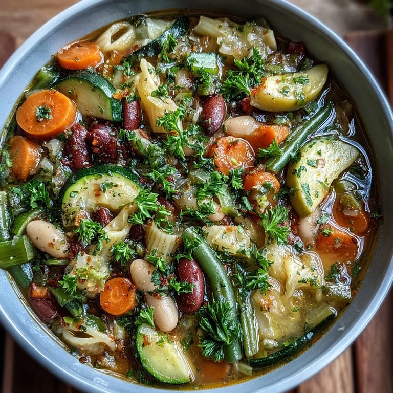 Comforting Italian Minestrone Vegetable Soup served with a sprinkle of Parmesan and fresh herbs beside crusty bread.