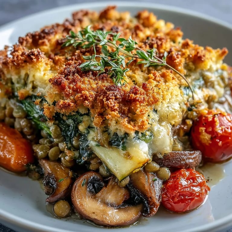 A savory Green Lentil and Vegetable Casserole served in a white dish, garnished with fresh parsley and Parmesan cheese.