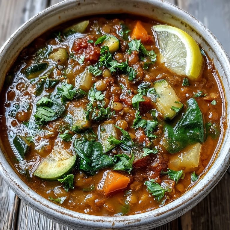 A ladle of vibrant Lentil Soup being poured from a pot, showcasing its thick, vegetable-packed texture and warm spices.