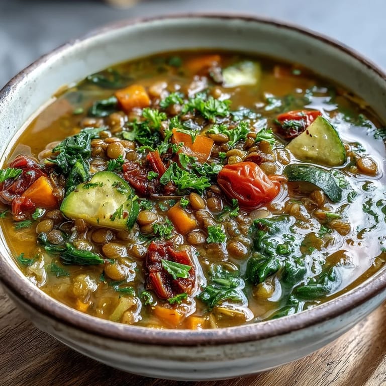 Close-up of rich Lentil and Vegetable Soup featuring caramelized roasted vegetables, glistening broth, and a bright squeeze of lemon garnish.