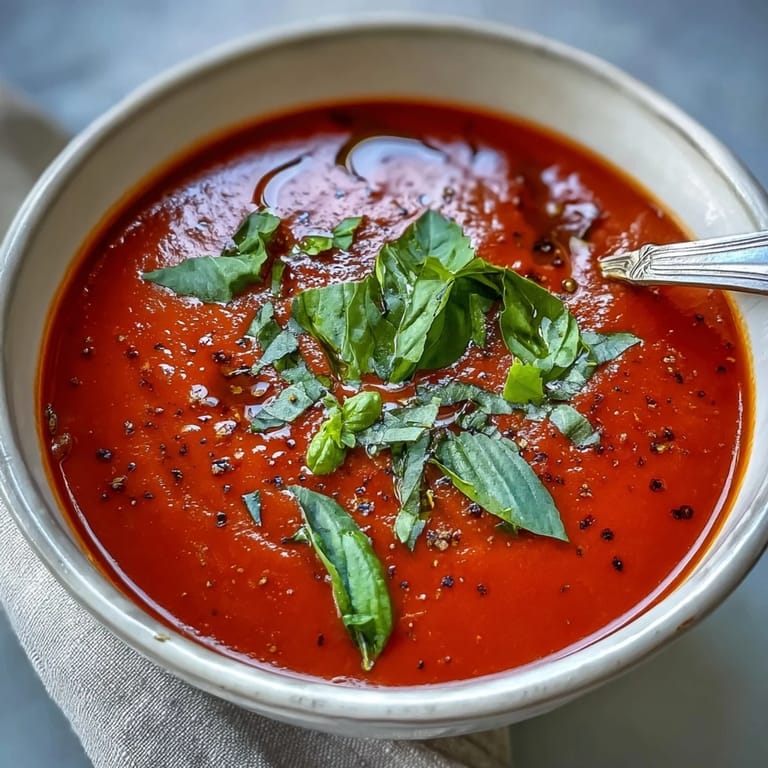 Close-up view of creamy tomato and basil soup in a white bowl, topped with extra virgin olive oil and fresh basil.