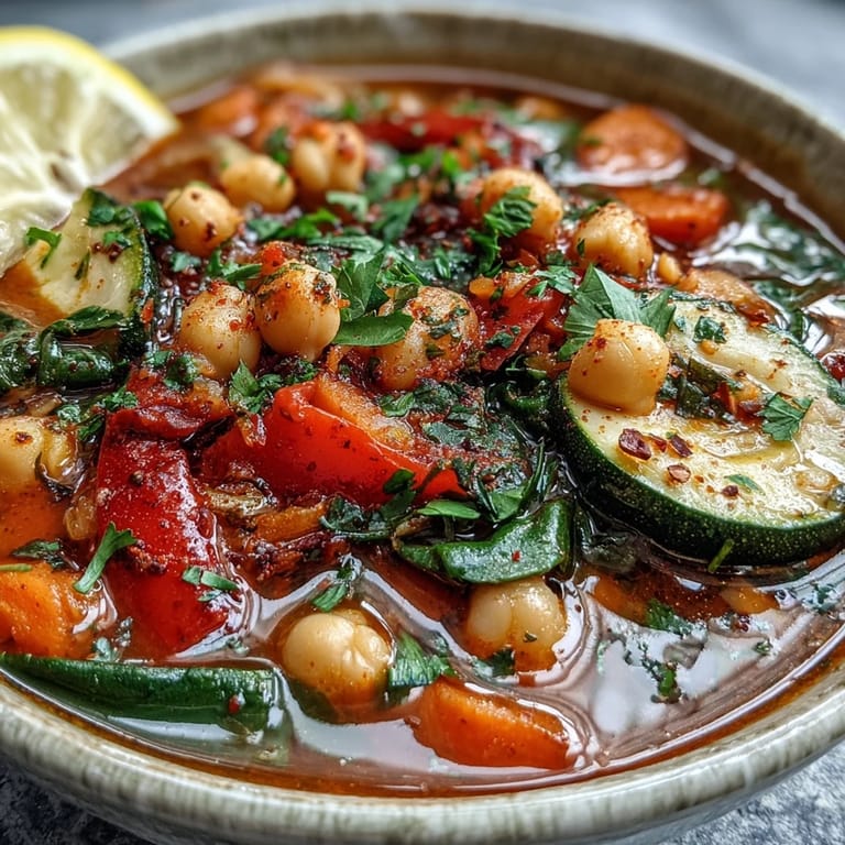 A hearty Mediterranean Chickpea Stew simmering in a pot, featuring diced carrots, celery, and rich tomato broth. 