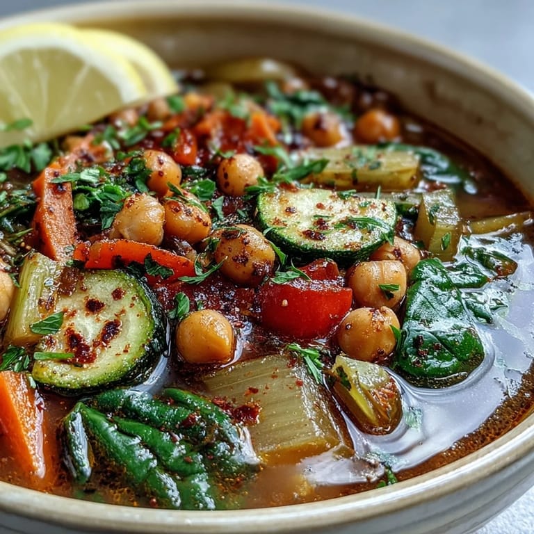 Close-up of a nourishing Chickpea Stew served with lemon wedges and whole grain bread for dipping.